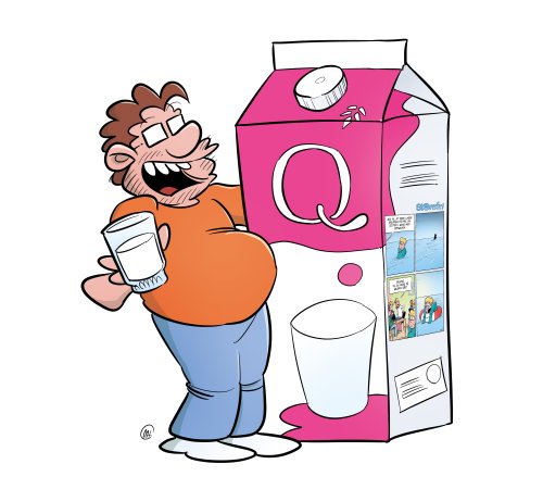Karakteren fra Storefri drikker melk ved siden av en stor Q melkekartong