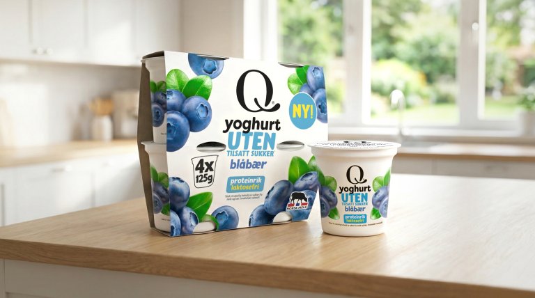 Q Yoghurt UTEN, Blåbær på en kjøkkenbenk