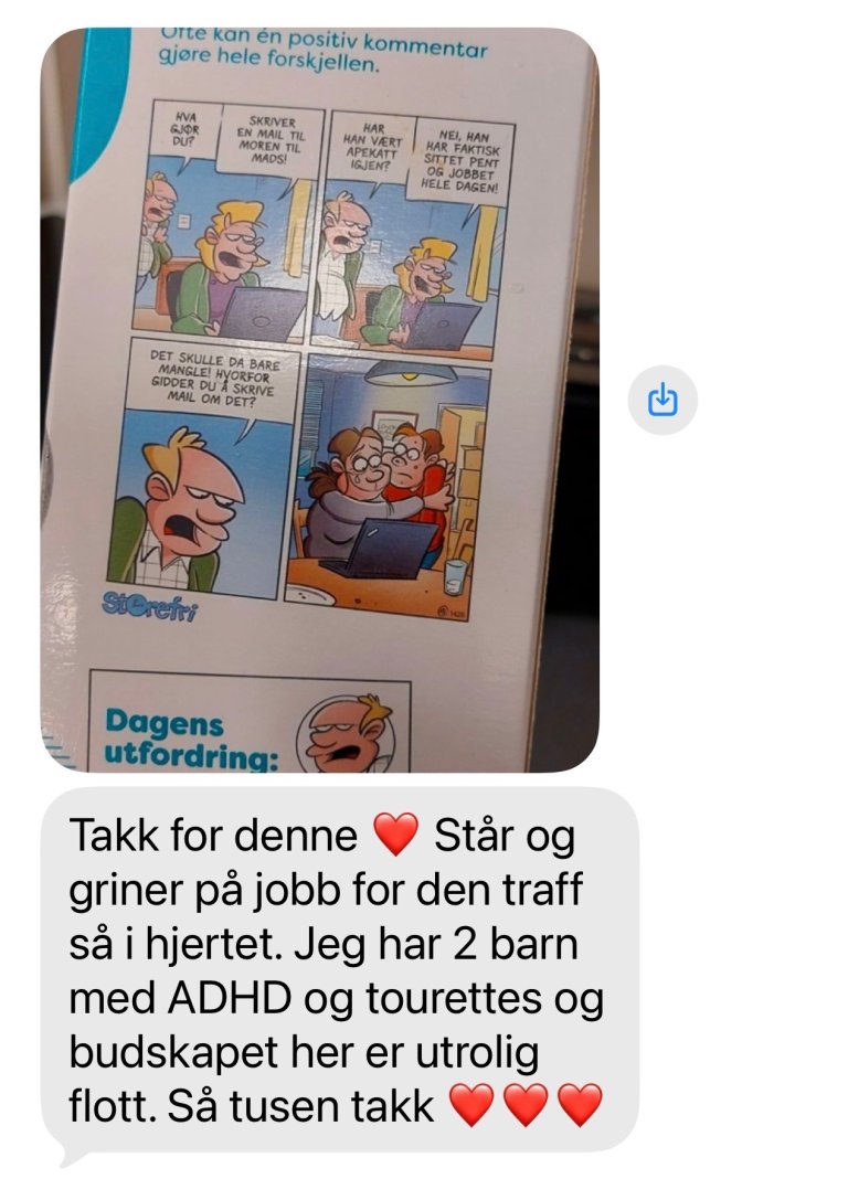 Tegneserie av Storefri på Q-melkekartongen